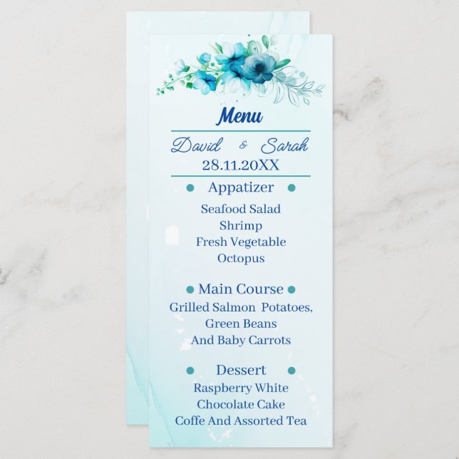 Elegant Blue Flower Personalised Wedding Dinner Menu (Front/Back)