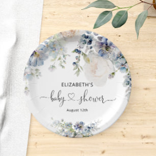 Elegant Blue Flowers Baby Shower Paper Plate