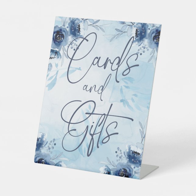 Elegant Blue Flowers Boy Baby Shower Cards Gifts Pedestal Sign (Front)