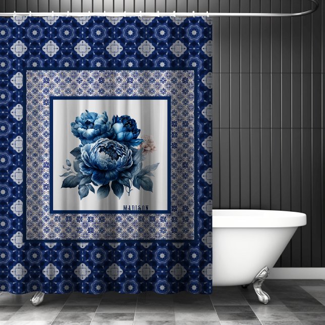 Elegant Blue flowers chinoiserie toile monogram Shower Curtain (Creator Uploaded)