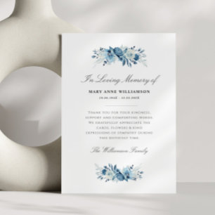 elegant blue flowers funeral thank you card