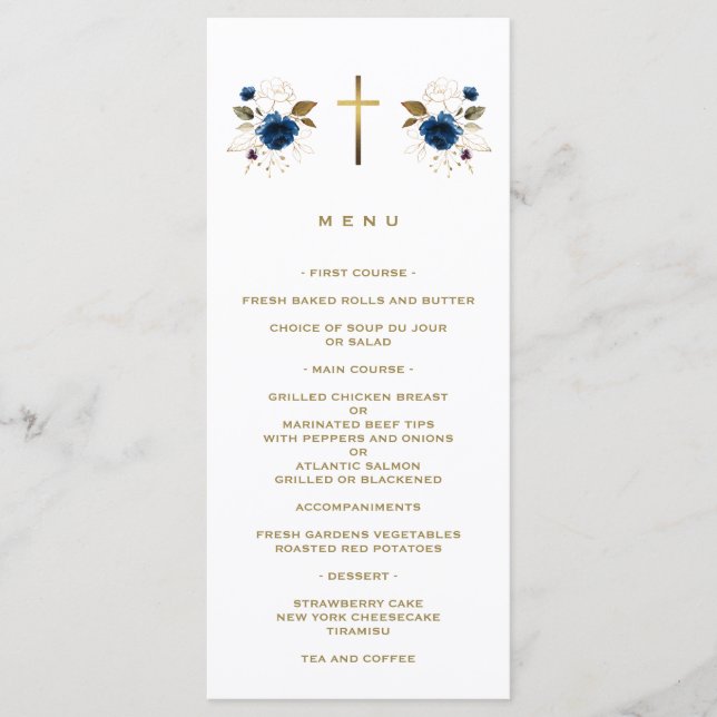 Elegant Blue Flowers Gold Cross Boy Baptism  Menu (Front)
