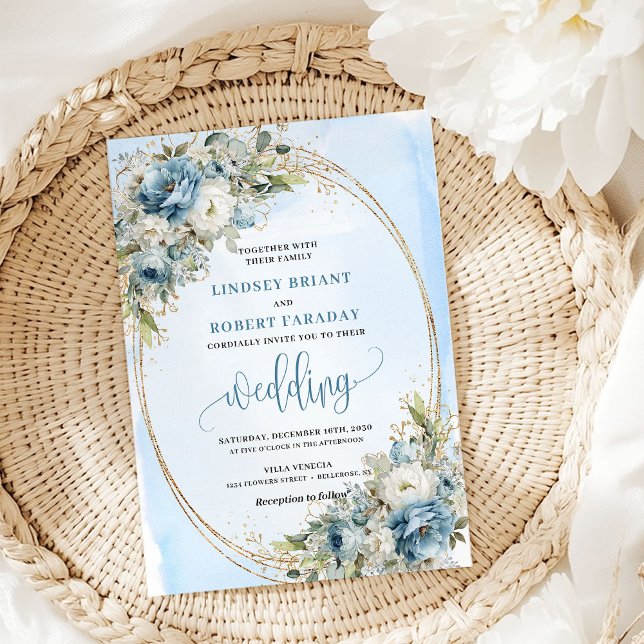 Elegant Blue Flowers Gold Glitter Wedding Invite (Elegant Blue Flowers Gold Glitter Wedding Invite)