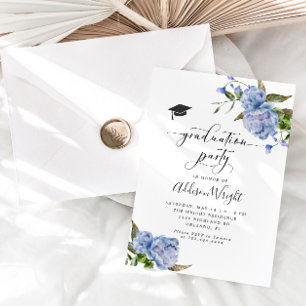 Elegant Blue Flowers Graduation Party Invitation