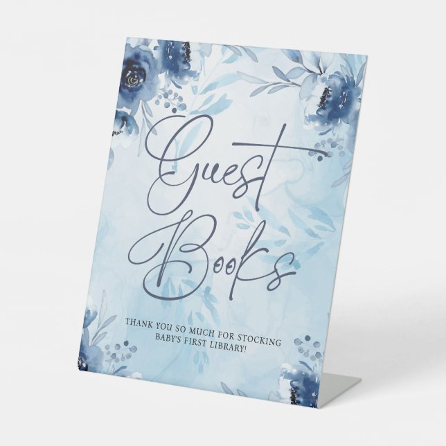 Elegant Blue Flowers Guest Books Boy Baby Shower Pedestal Sign (Front)