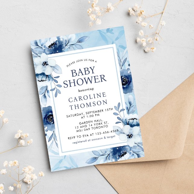 Elegant Blue Flowers Its A Boy Baby Shower Invitation (Creator Uploaded)
