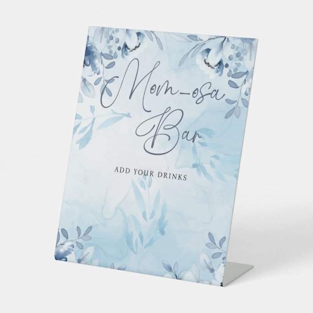 Elegant Blue Flowers Momosa Bar Baby Shower Pedestal Sign (Front)