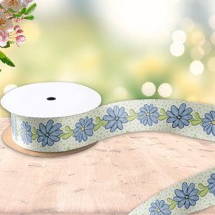 Elegant Blue Flowers Spring Floral Satin Ribbon