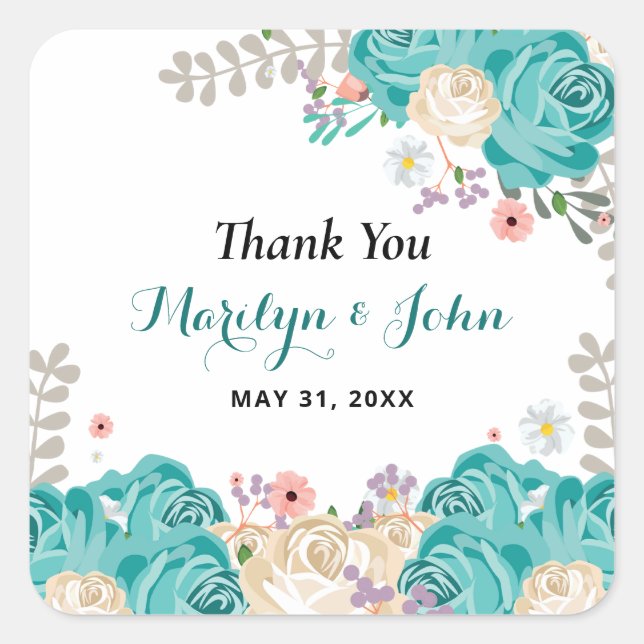 Elegant Blue Flowers Watercolor Wedding Thank You Square Sticker (Front)
