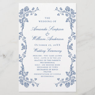 Elegant Blue Flowers Wedding Ceremony Program