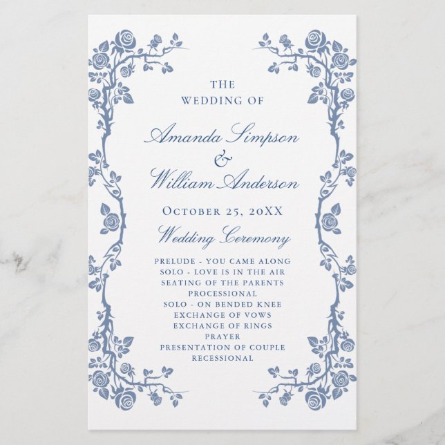 Elegant Blue Flowers Wedding Ceremony Program (Front)