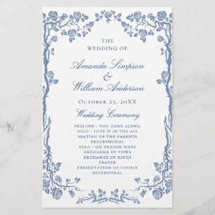 Elegant Blue Flowers Wedding Ceremony Program