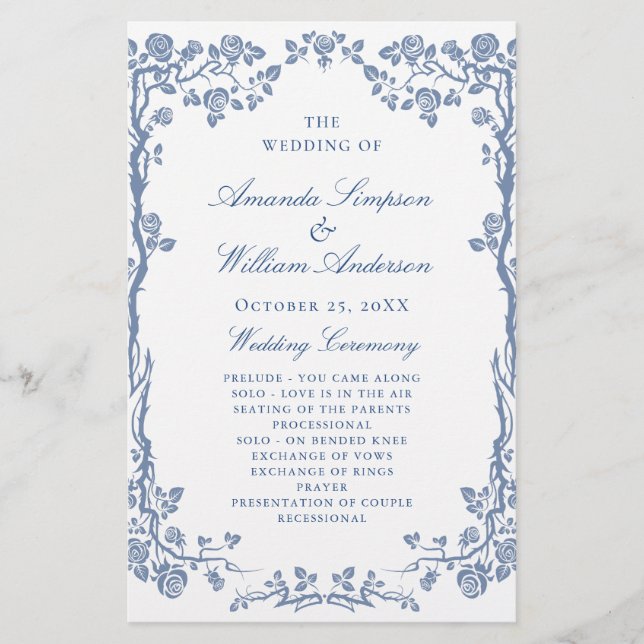 Elegant Blue Flowers Wedding Ceremony Program (Front)