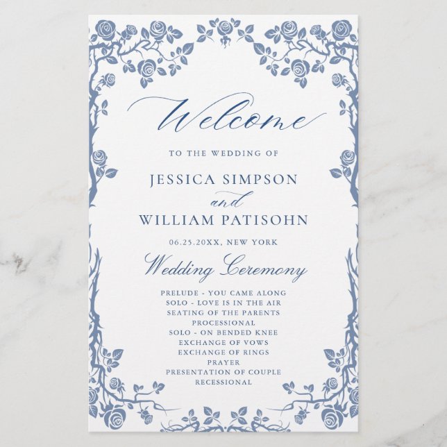 Elegant Blue Flowers Wedding Ceremony Program (Front)