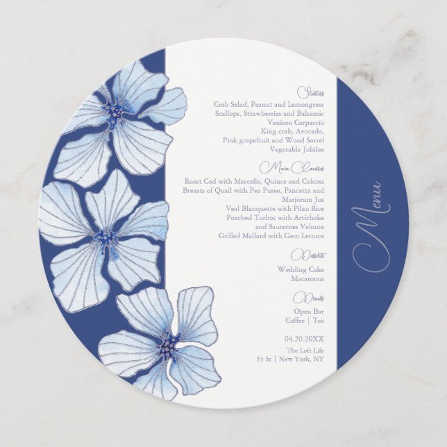 Elegant Blue Flowers Wedding Circle Menu (Front)