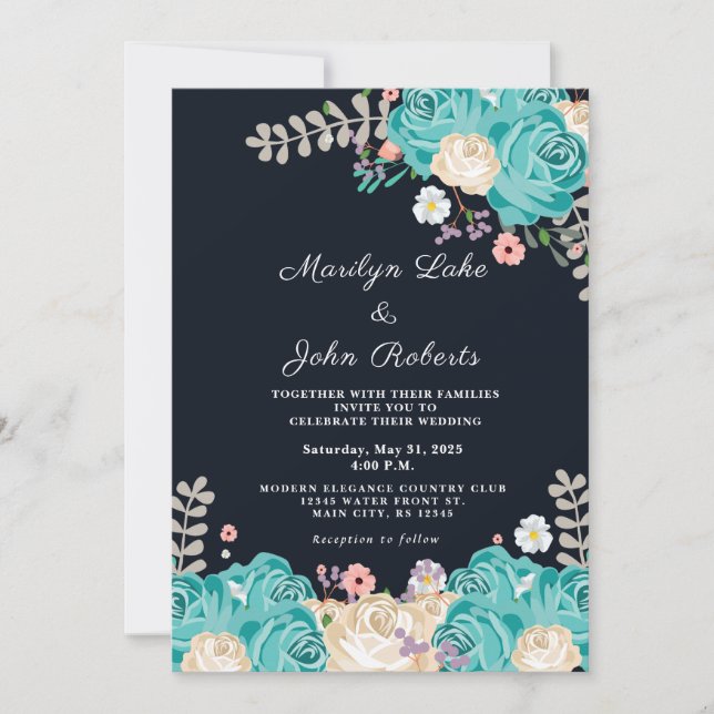 Elegant Blue Flowers Wedding Floral Navy Invitation (Front)