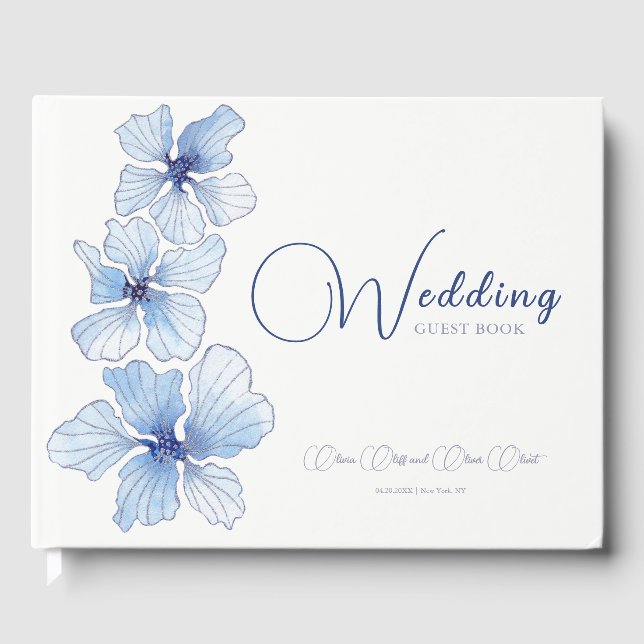 Elegant Blue Flowers Wedding  Guest Book (Front)