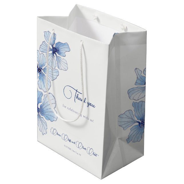 Elegant Blue Flowers Wedding Medium Gift Bag (Back Angled)