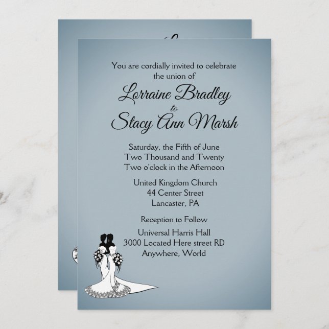 Elegant Blue Fog Lesbian Wedding Invitation (Front/Back)