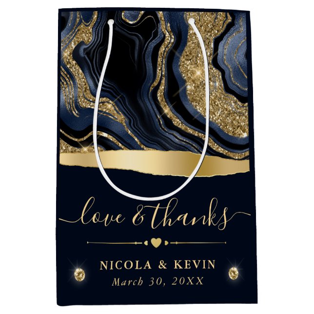 Elegant Blue Foil and Gold Glitter Agate Wedding Medium Gift Bag (Front)