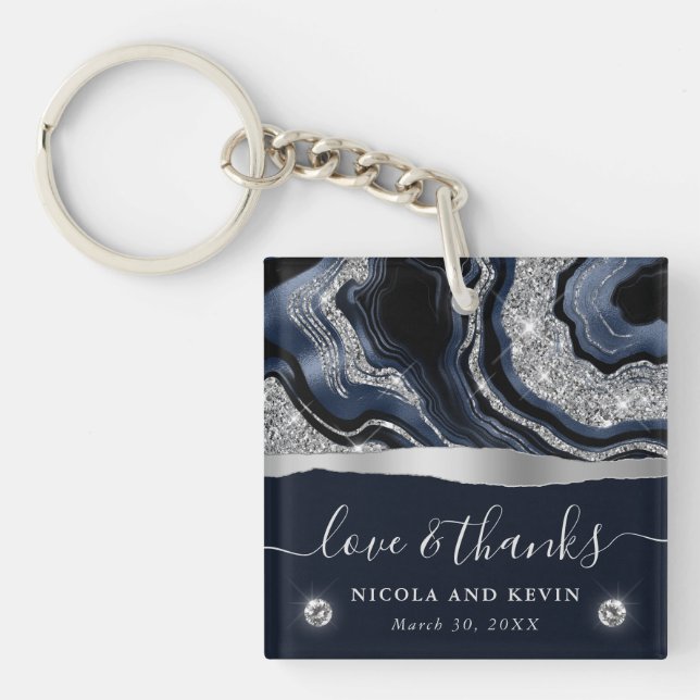 Elegant Blue Foil and Silver Glitter Agate Wedding Key Ring (Front)