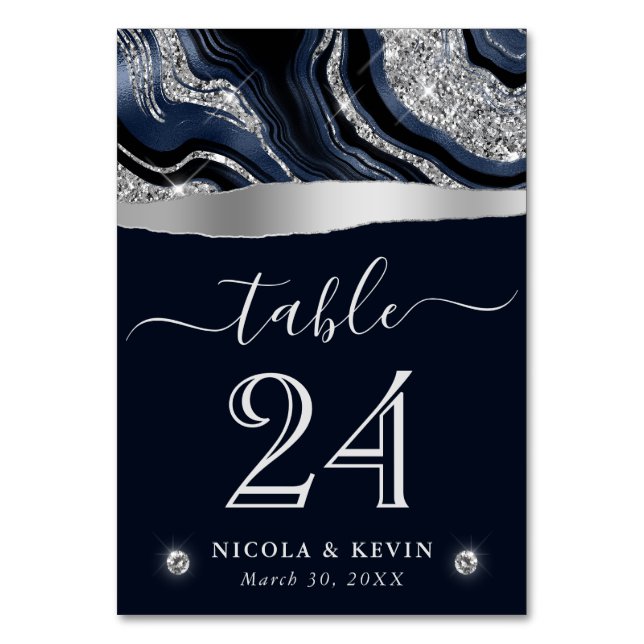 Elegant Blue Foil and Silver Glitter Agate Wedding Table Number (Front)