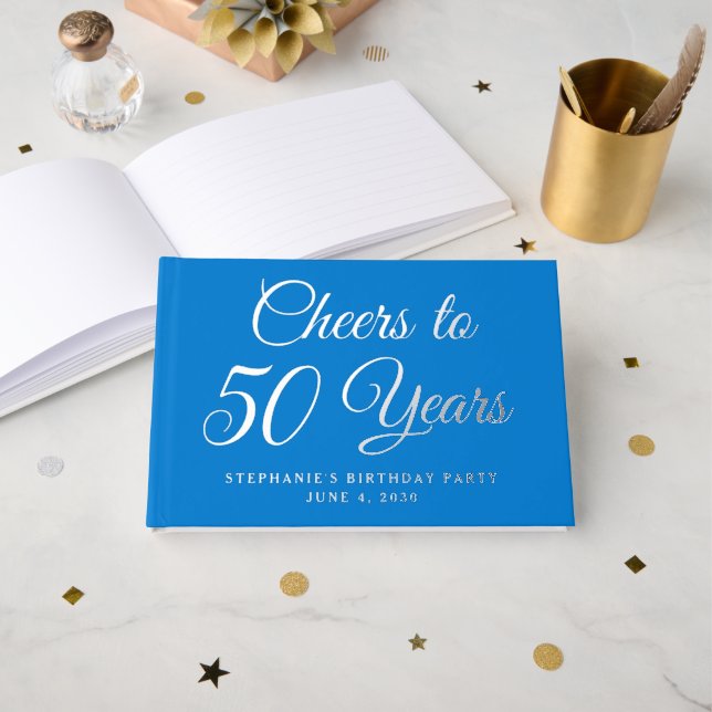 Elegant Blue Foil Cheers to 50 Years Guest Book (Front Open)