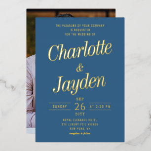 Elegant Blue Foil Script Photo Wedding