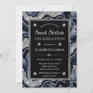 Elegant blue Foil & Silver Glitter Agate Sweet 16 Invitation