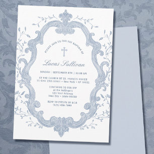 Elegant Blue Foliage Crest Baptism Invitation