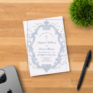 Elegant Blue Foliage Crest Religious Wedding Acrylic Invitations