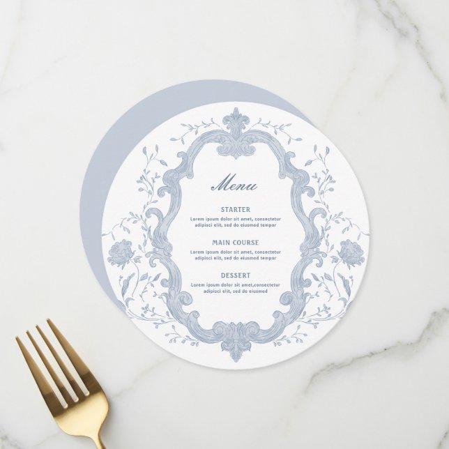 Elegant Blue Foliage Crest Round Menu (Front/Back In Situ)