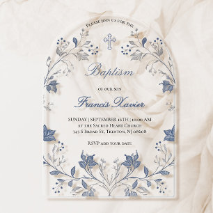 elegant blue foliage frame Baptism Acrylic Invitations