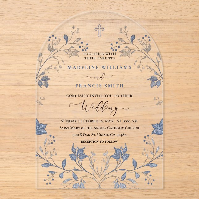 elegant blue foliage religious wedding acrylic invitations (Front)