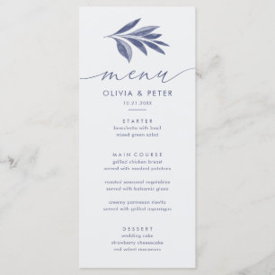Elegant Blue Foliage Wedding Reception Menu Card