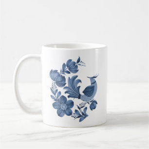 Elegant Blue Folk Art Bird and Floral Coffee Mug