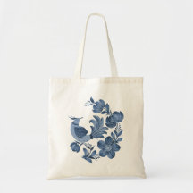 Elegant Blue Folk Art Bird and Floral