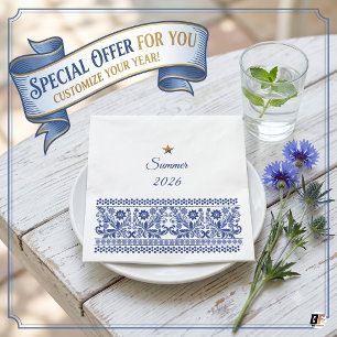 Elegant Blue Folk Art Floral Summer 2026 Custom Napkin