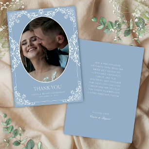 Elegant Blue Formal Border Vintage Wedding Photo Thank You Card
