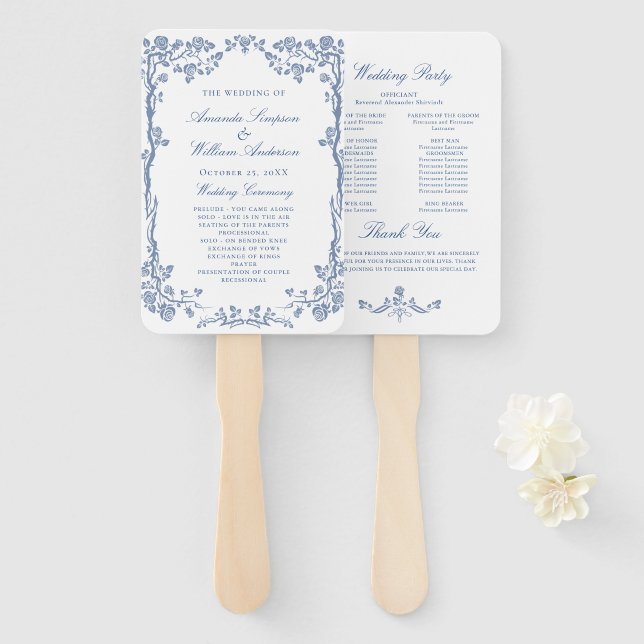 Elegant Blue France Flowers Wedding Program Hand Fan (Front and Back)