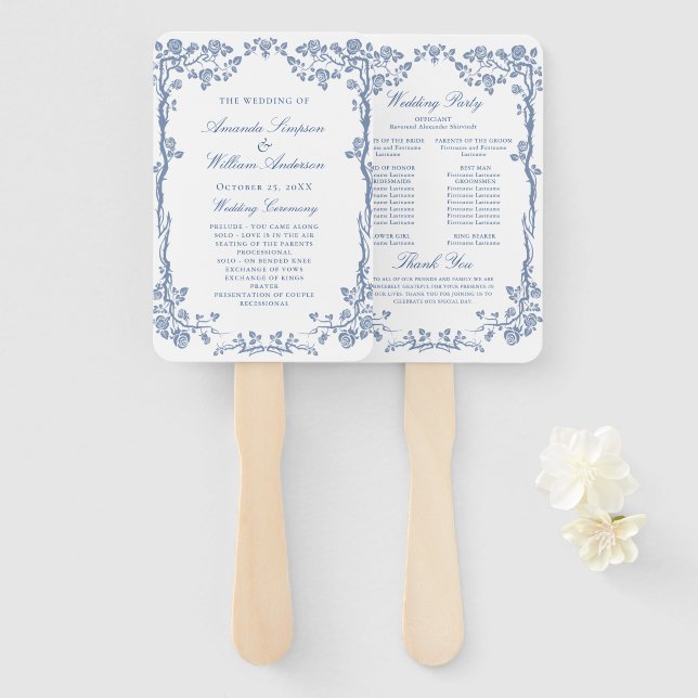 Elegant Blue France Flowers Wedding Program Hand Fan (Front and Back)