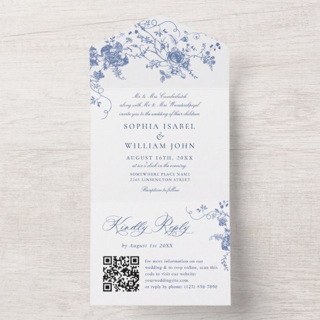 Elegant Blue France Garden Flowers Wedding QR code All In One Invitation (Inside)