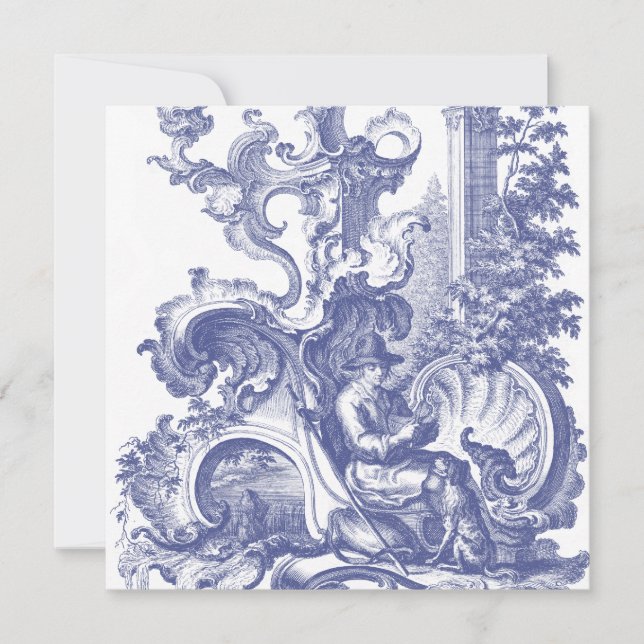 Elegant Blue French Baroque Toile Invitation (Front)