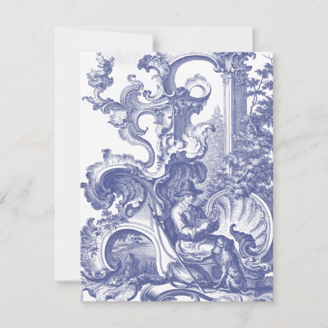 Elegant Blue French Baroque Toile Invitation (Front)
