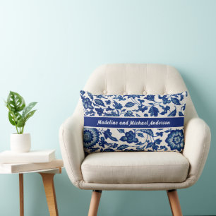 Elegant Blue French Country Chinoiserie Names Year Lumbar Cushion
