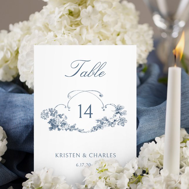 Elegant Blue French Floral Crest Table Number (Creator Uploaded)