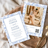 Elegant Blue French Floral Photo QR Code 