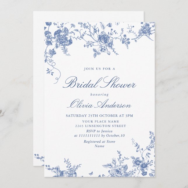 Elegant Blue French Garden BRIDAL SHOWER QR code Invitation (Front/Back)
