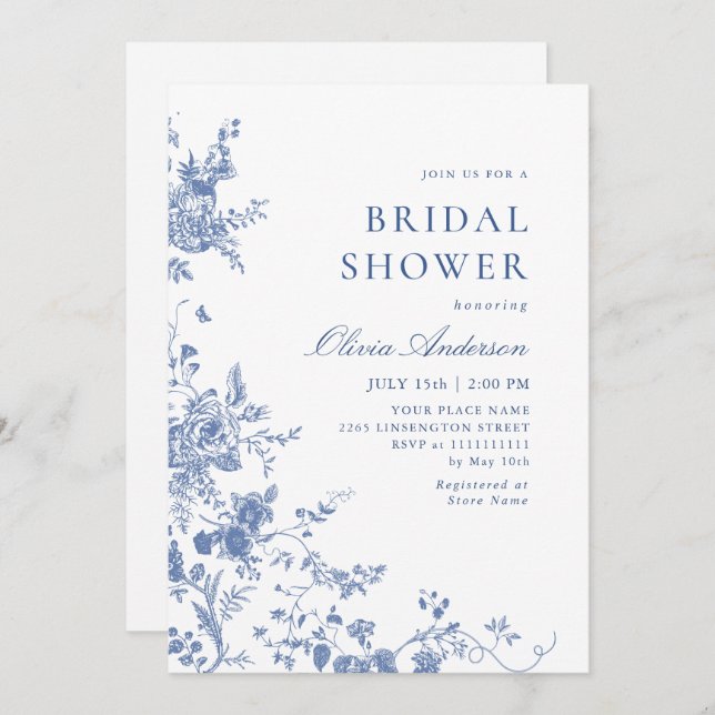Elegant Blue French Garden Floral BRIDAL SHOWER Invitation (Front/Back)