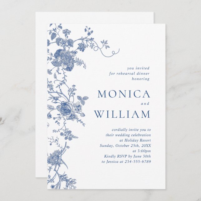 Elegant Blue French Garden Floral Rehearsal Dinner Invitation (Front/Back)